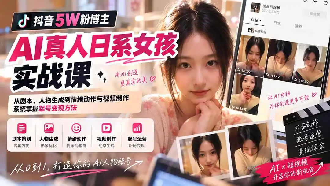 抖音5W粉博主AI真人日系女孩实战课：从剧本、人物生成到情绪动作与视频制作，系统掌握起号变现方法